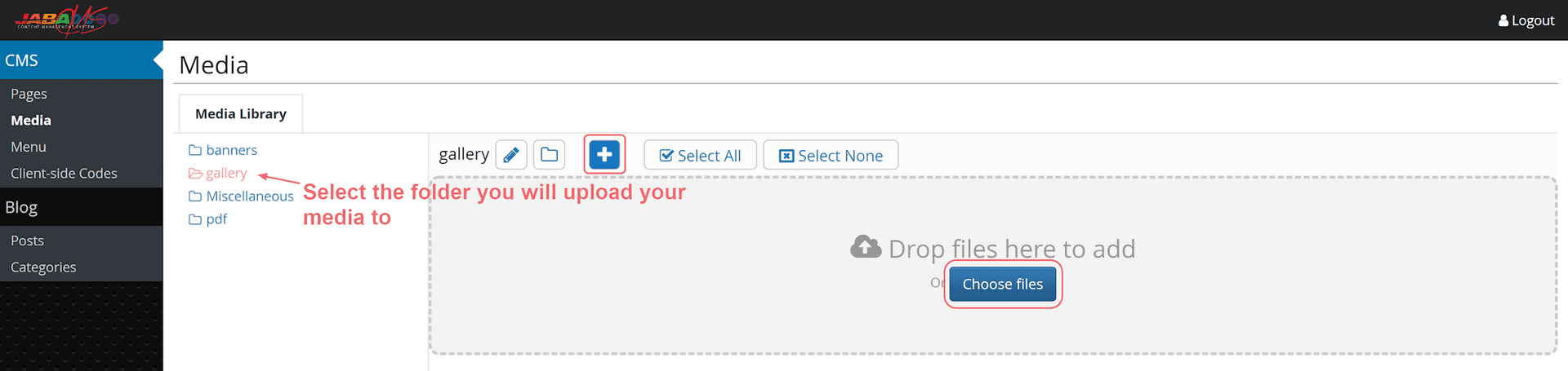 JABA CMS Media Library showing folder selection and the Choose files upload button