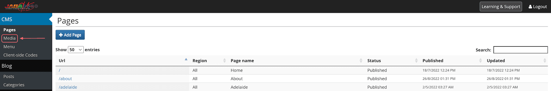 JABA CMS sidebar menu with the Media section highlighted