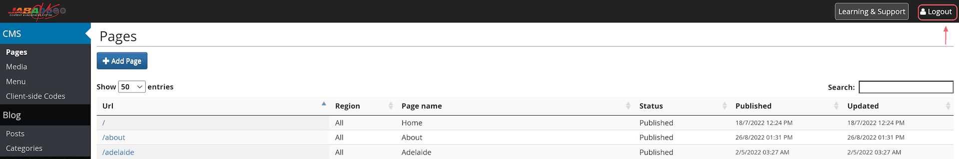 JABA CMS Pages screen with the logout button highlighted in the top right