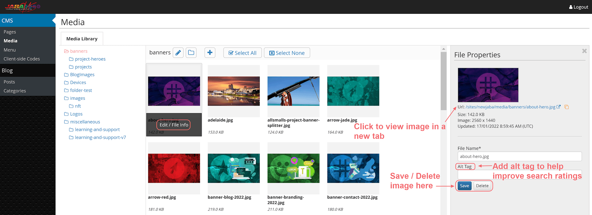 JABA CMS Media Library file properties panel with the alt tag field highlighted for SEO
