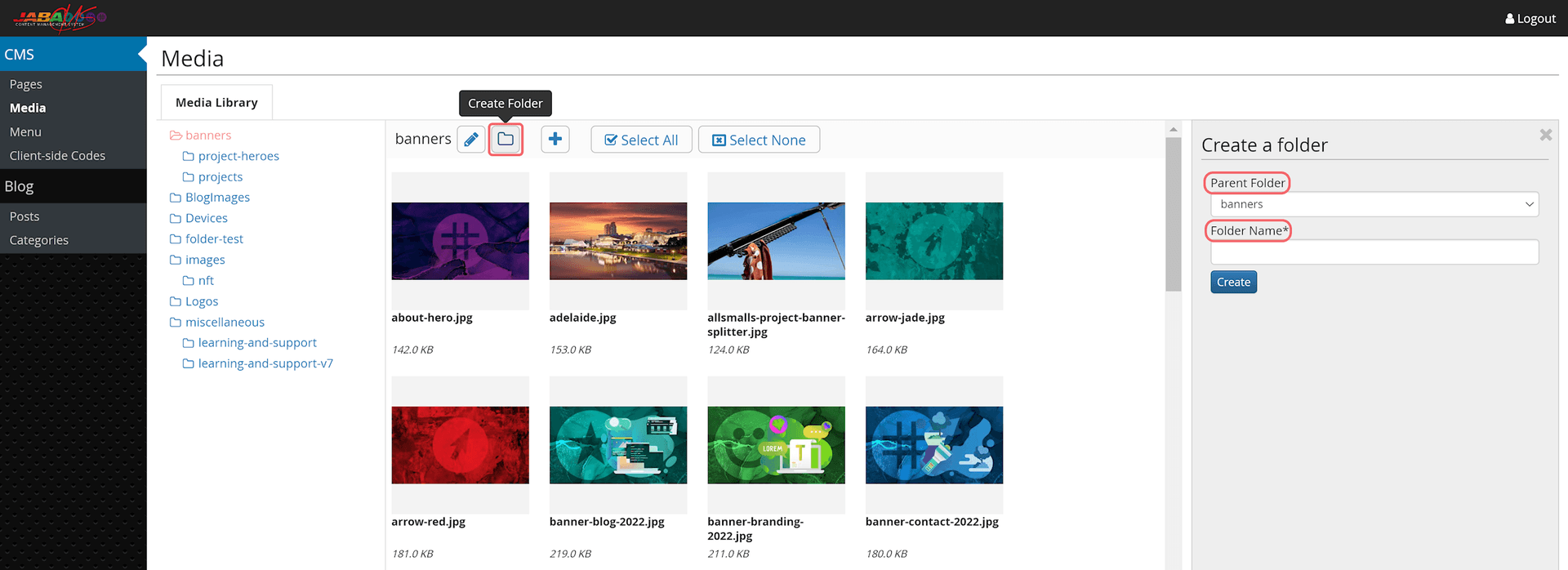 JABA CMS Media Library with the Create Folder button highlighted