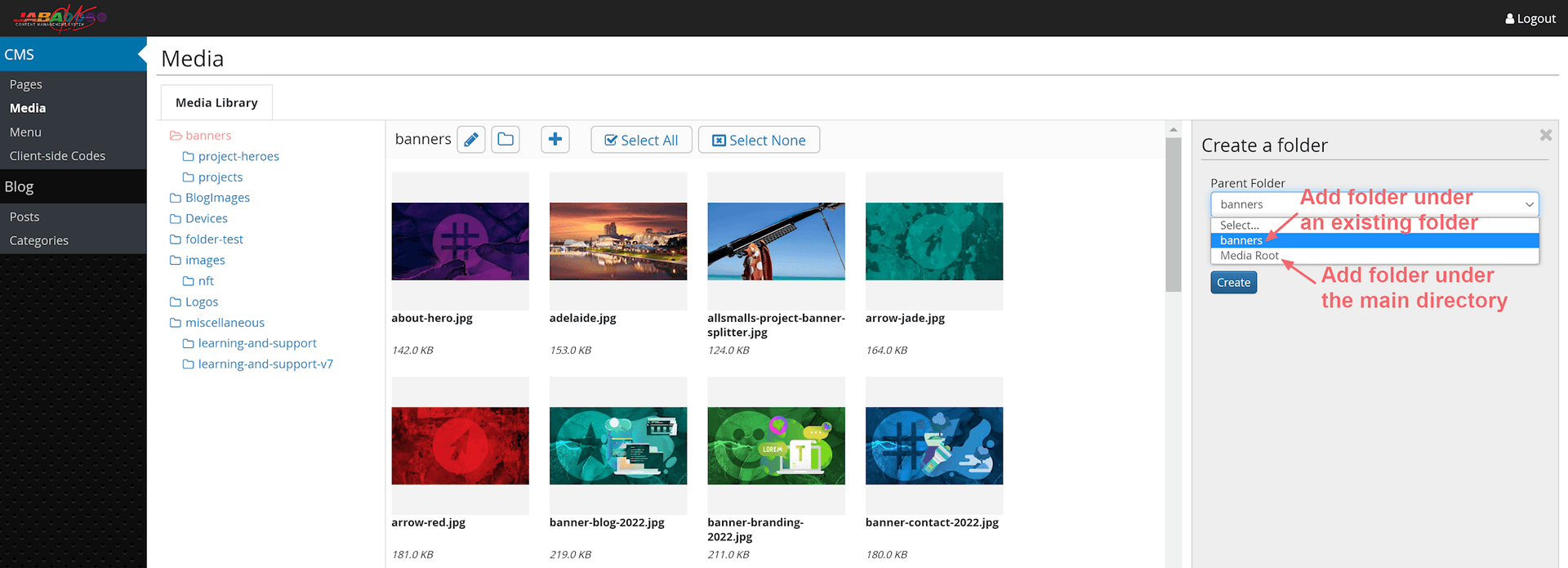 JABA CMS create folder panel with the parent folder dropdown open