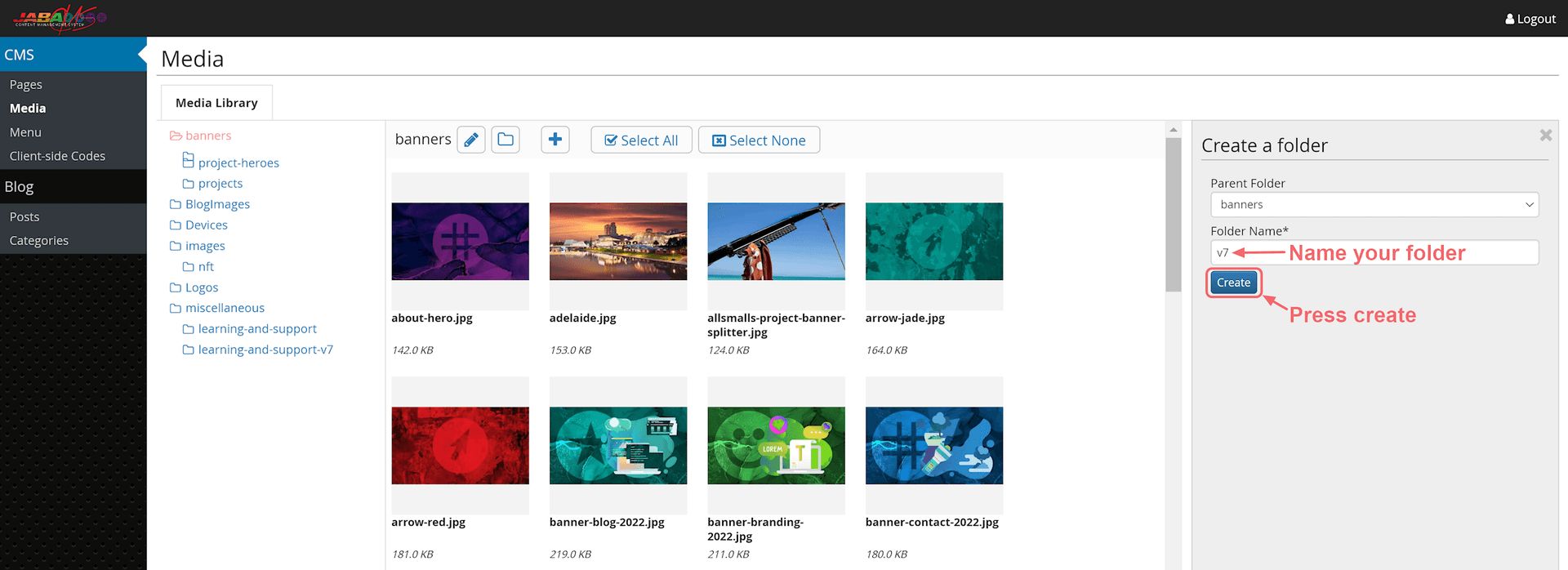 JABA CMS create folder panel with folder name entered and the create button highlighted