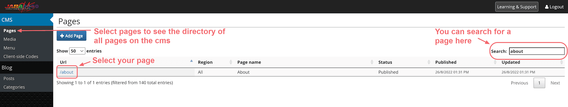 JABA CMS Pages screen showing how to search for and select a page
