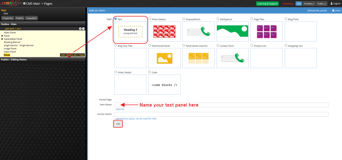 JABA CMS add item screen with the Text panel type and Add button highlighted