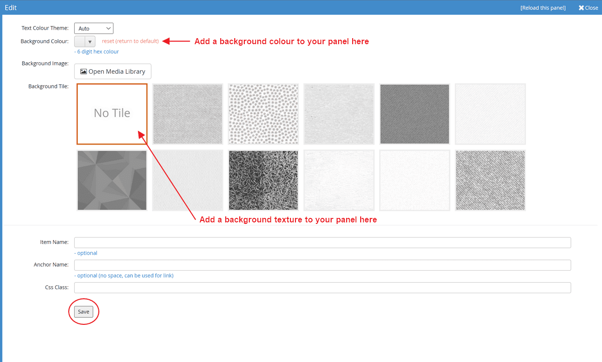 JABA CMS panel edit screen showing background colour and background tile options