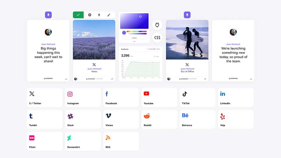 Curator app overview showing Grid, Waterfall and Mosaic gallery display templates