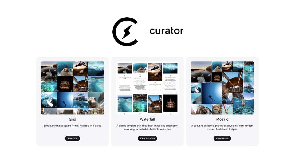 Curator app screenshot showing curated social posts, a colour and analytics panel, and platform icons