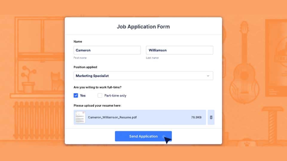 Jotform job application form example with name, position and resume upload fields