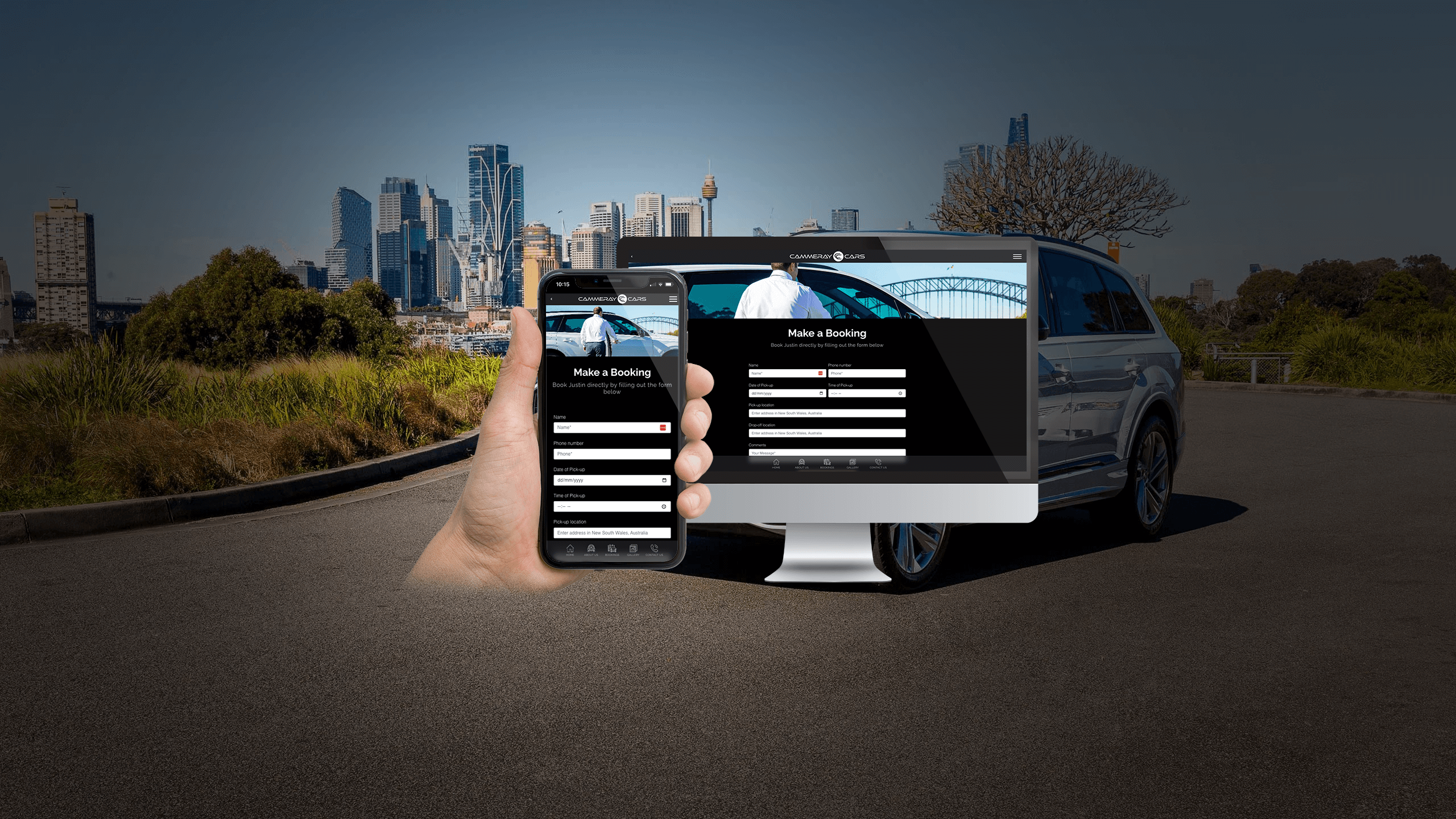 A floating smartphone and computer screen display the online booking form for Cammeray Cars, a luxury chauffeur service in Sydney. The backdrop showcases the Sydney cityscape in the morning light.