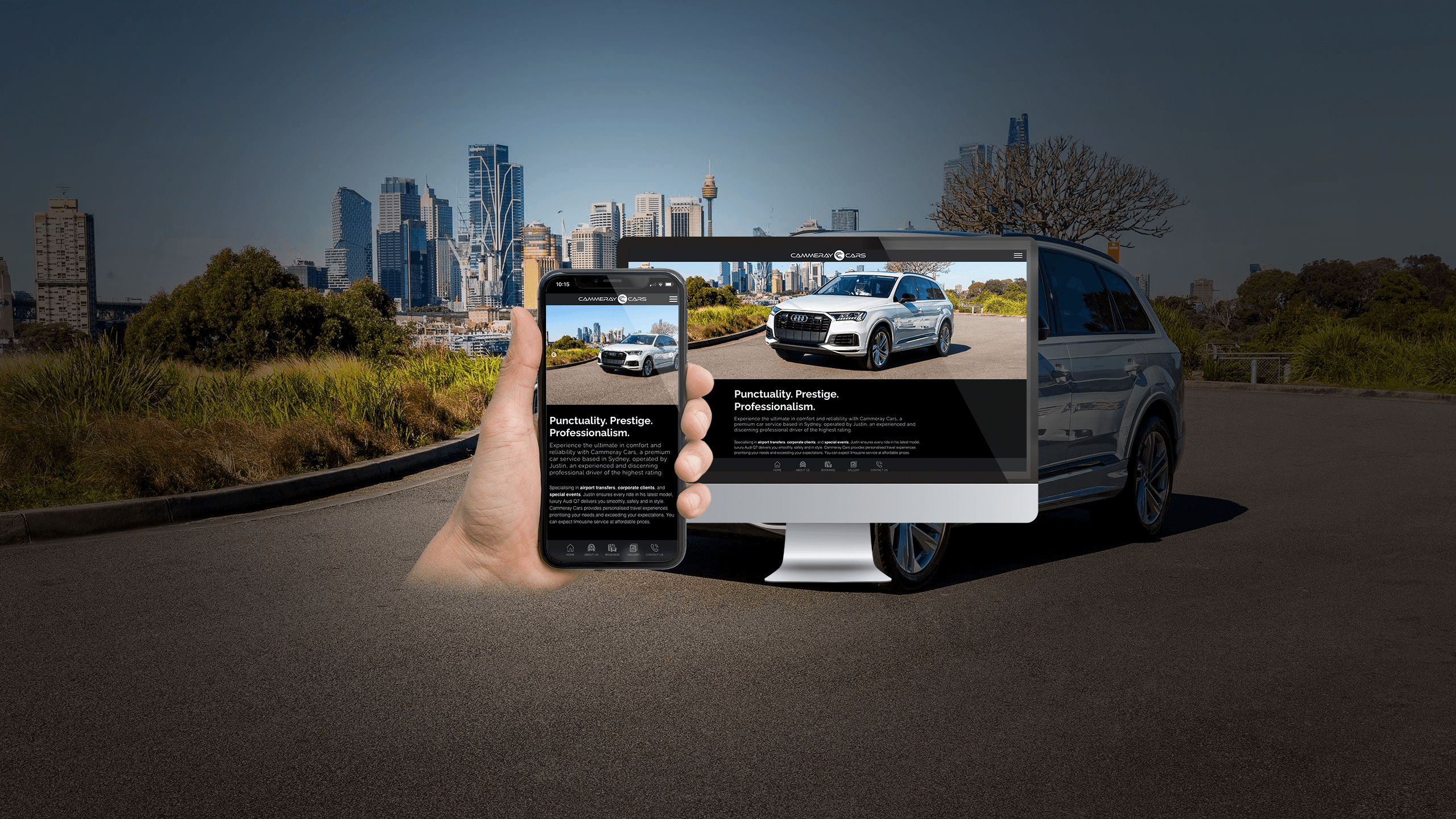 A floating smartphone and computer screen display the homepage of Cammeray Cars website, a luxury chauffeur service in Sydney. The backdrop features the Sydney cityscape in morning light.