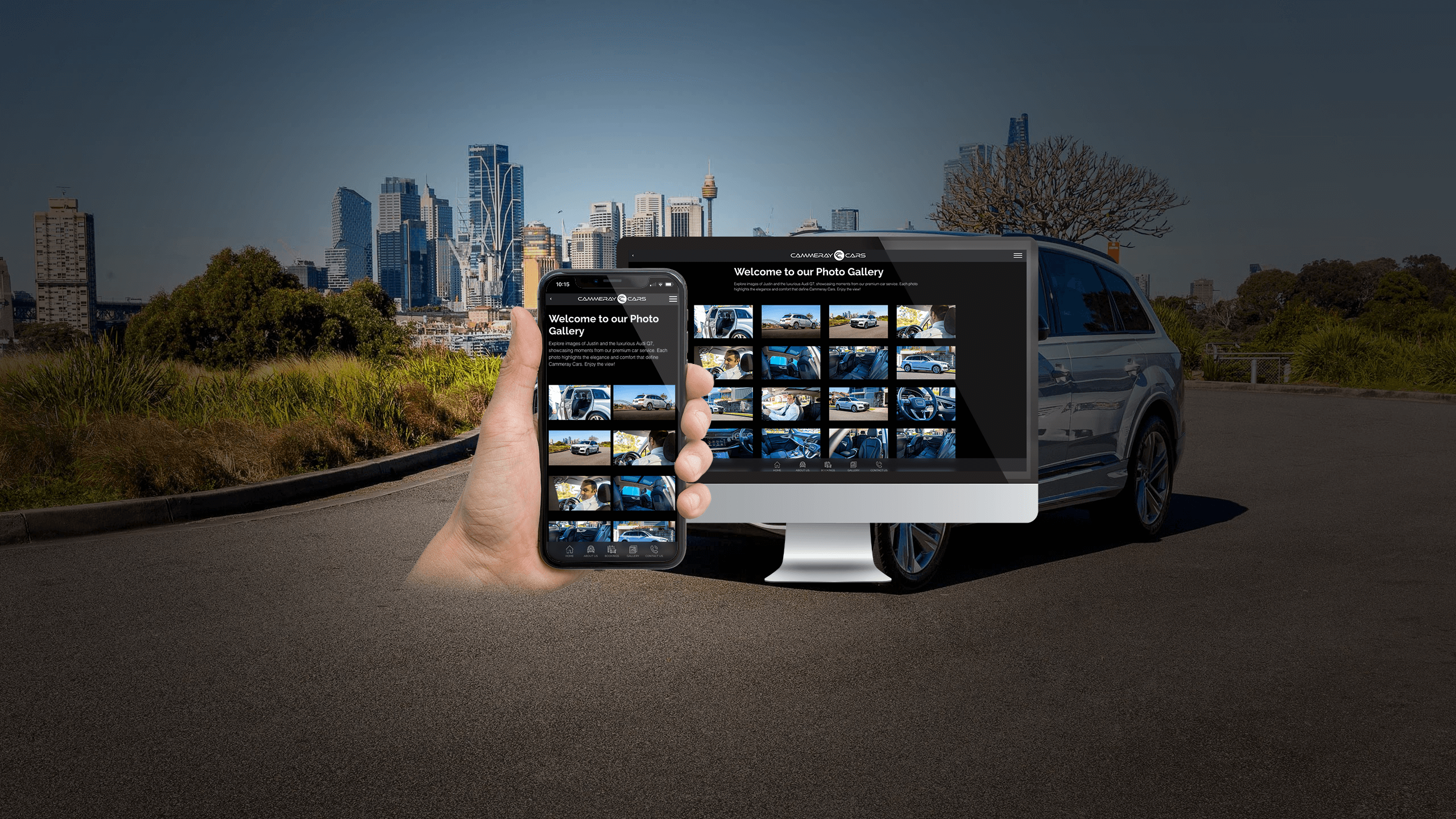 A floating smartphone and computer screen display a mockup of the vehicle gallery webpage for Cammeray Cars, showcasing luxury vehicles available for hire. The backdrop features the Sydney cityscape.