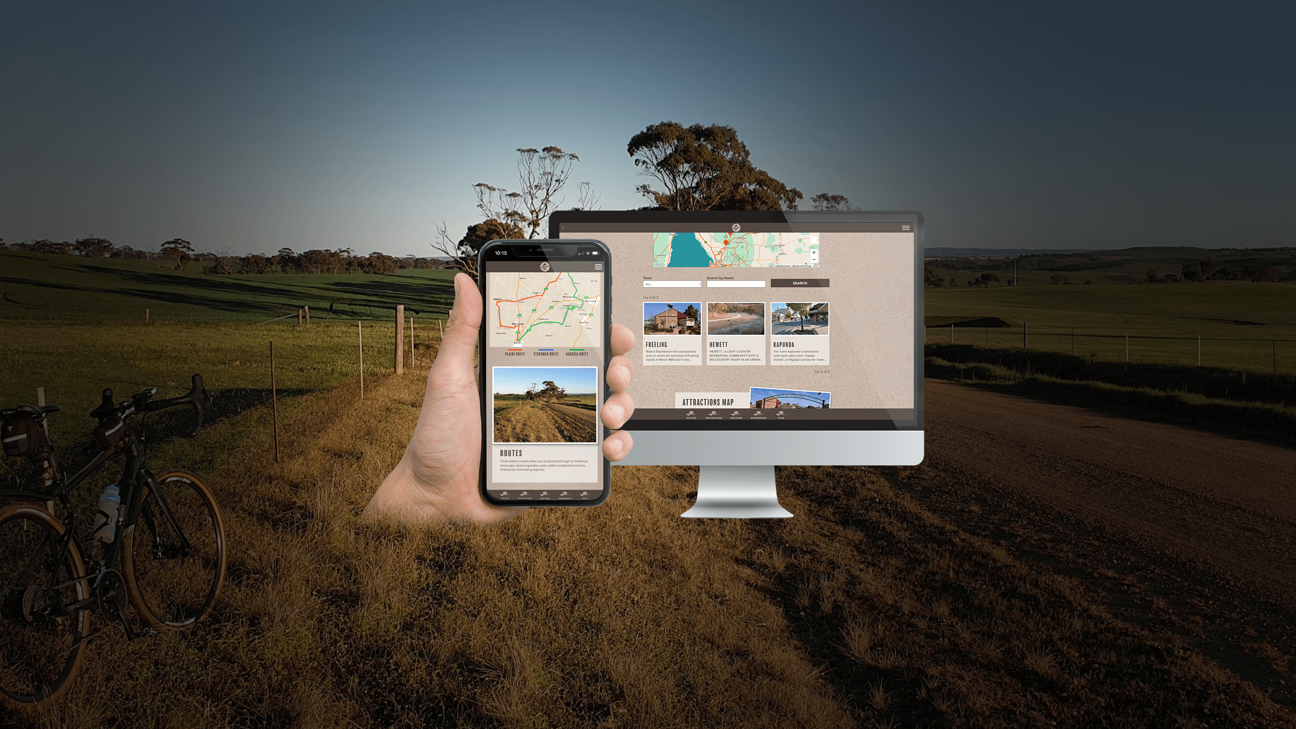 The Drovers Way website, created by Jaba Web Design, is displayed on device mockups. The smartphone features a map with three tourist routes, while the computer shows listings of regional towns.
