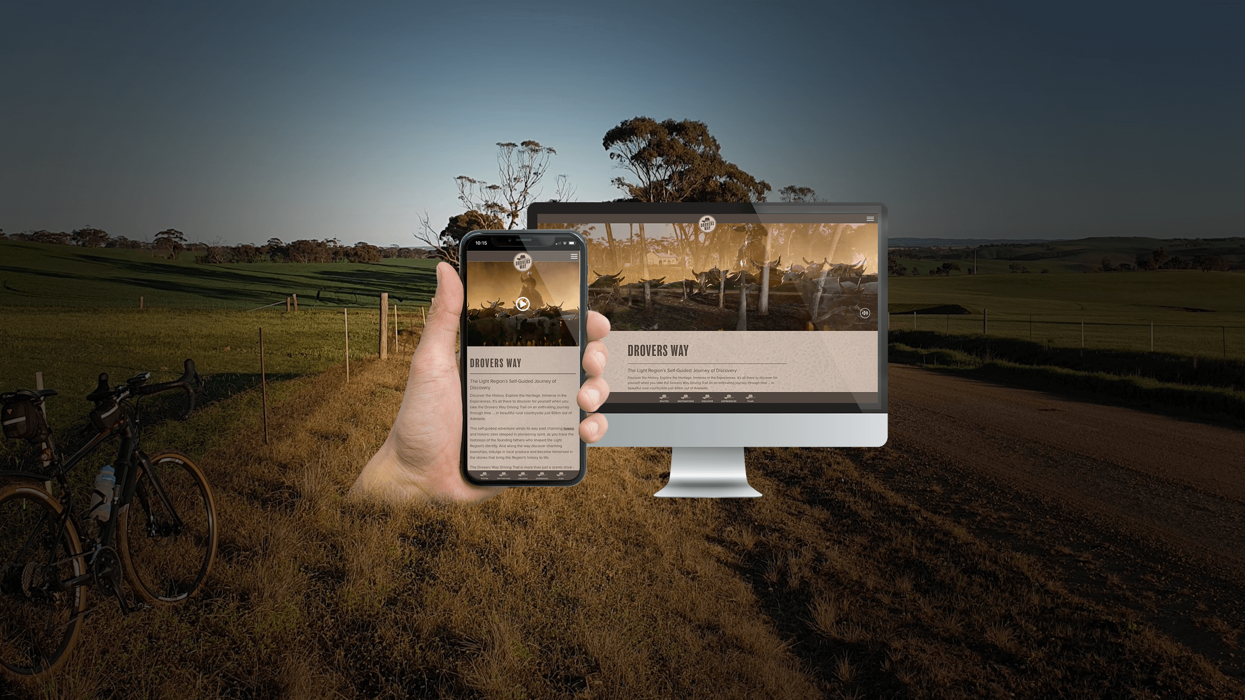 A smartphone and desktop monitor depicting the 'Drovers Way' PWA, showcasing a responsive web design that ensures consistent usability across multiple devices.