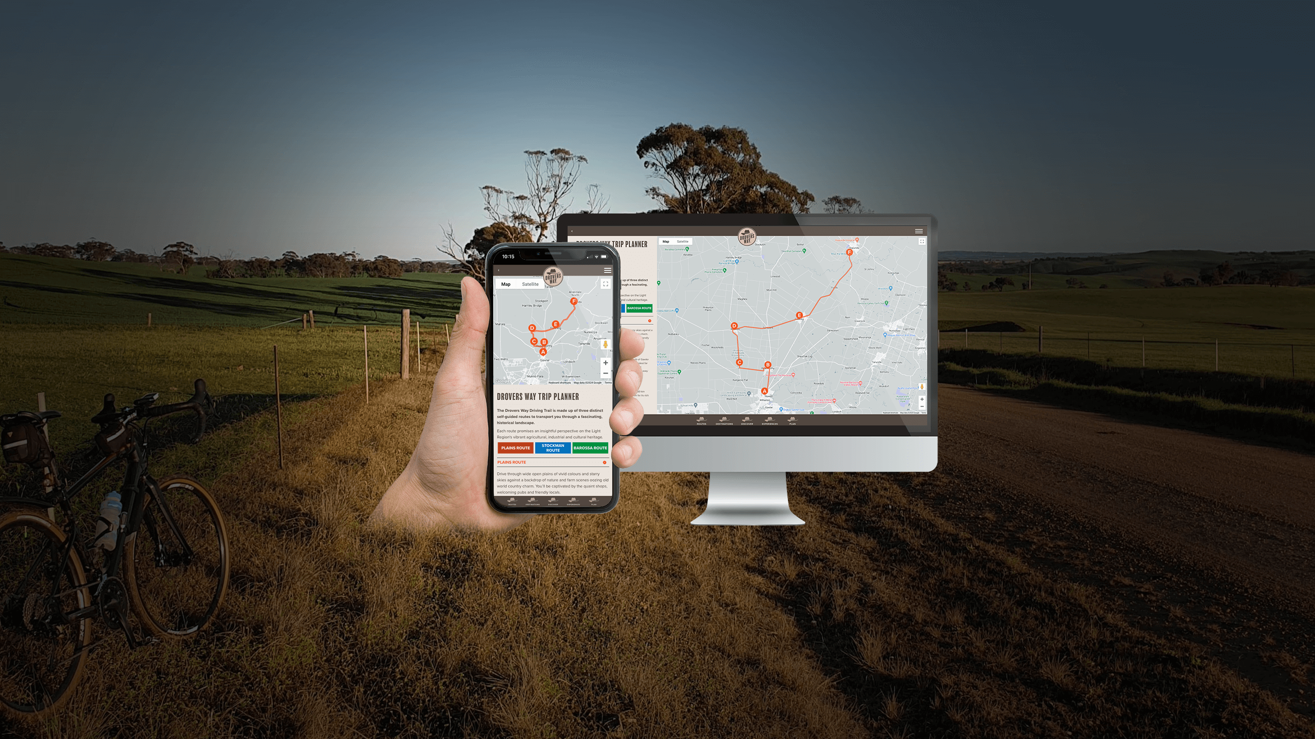 Smartphone and desktop displaying the 'Drovers Way Trip Planner,' a PWA with a map marking tourist stops along the driving route, optimised for cross-device use.