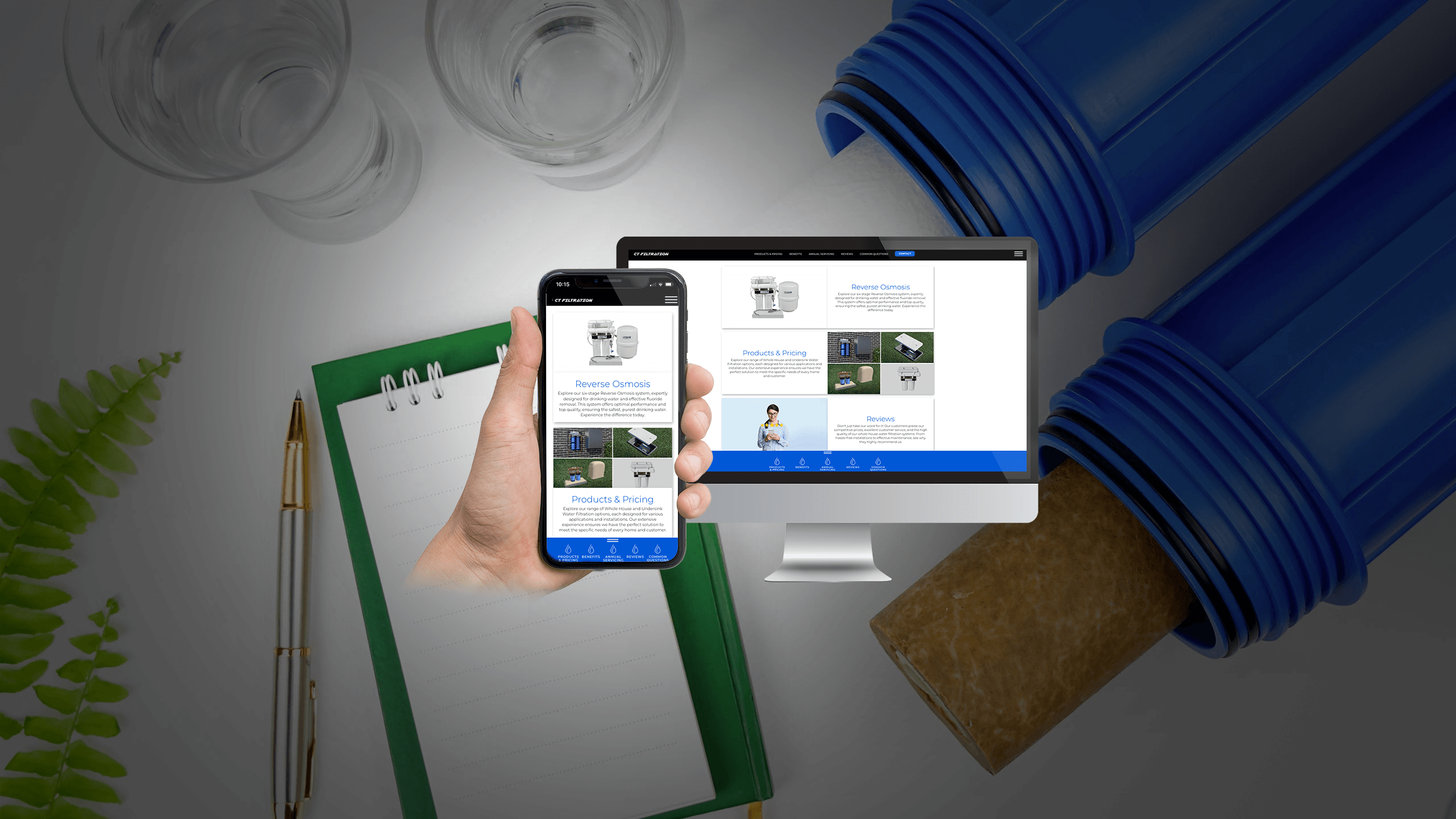Floating device mockups displaying a Ct Filtration webpage built by Jaba Web Design, featuring information about their water filter product selection alongide images of related products